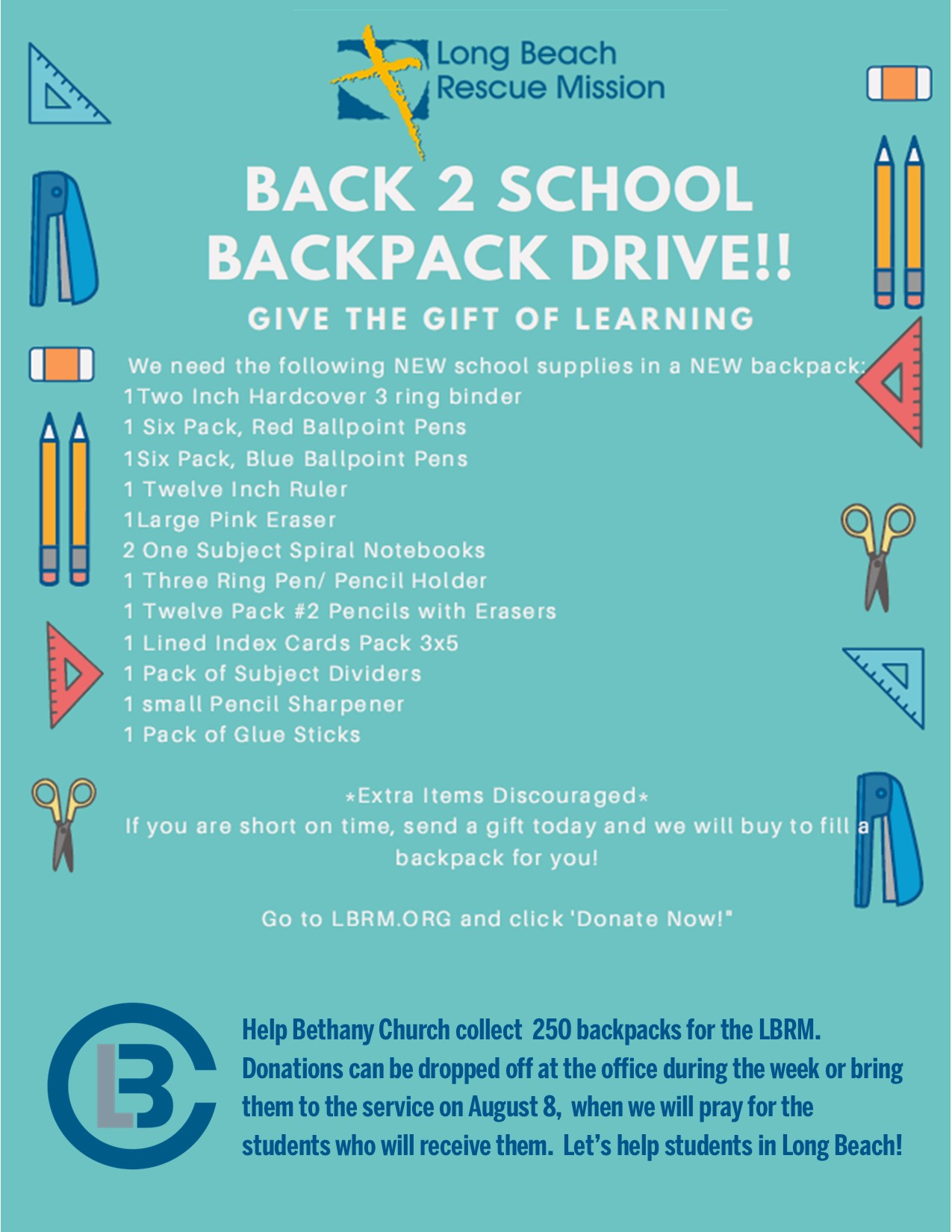 Back to School Backpack Drive Bethany Church Long Beach